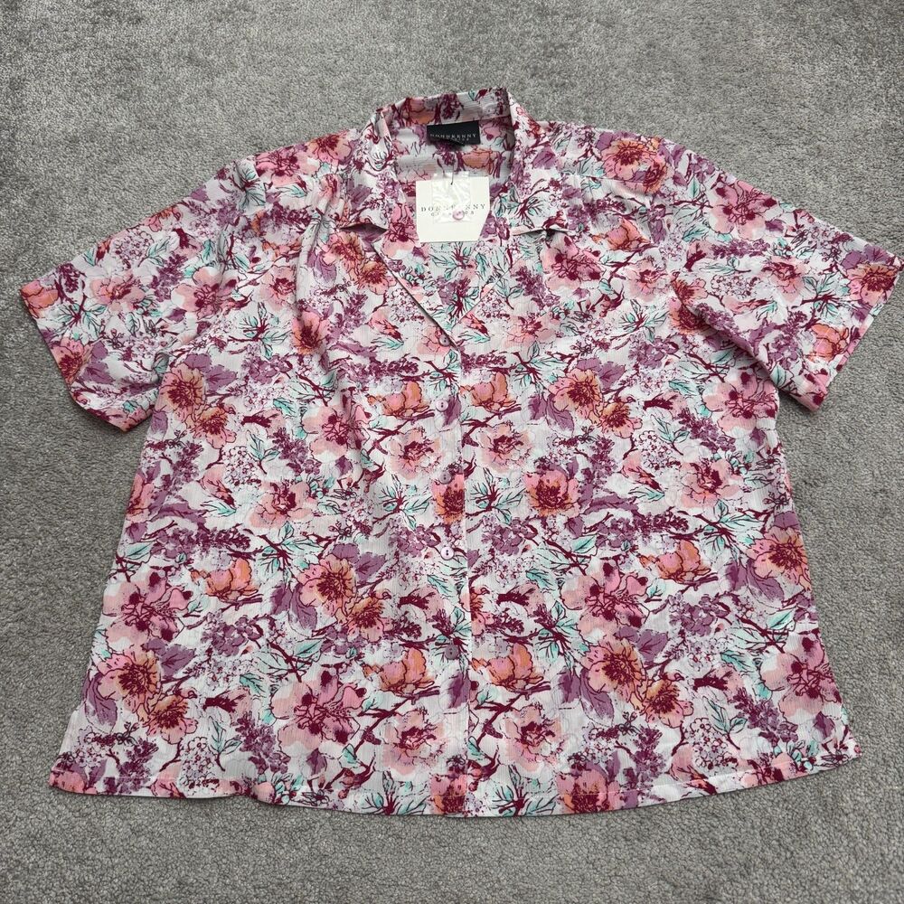 Vintage 90s Donnkenny Classics Blouse Shirt Womens XL Pink Floral Seersucker NWT